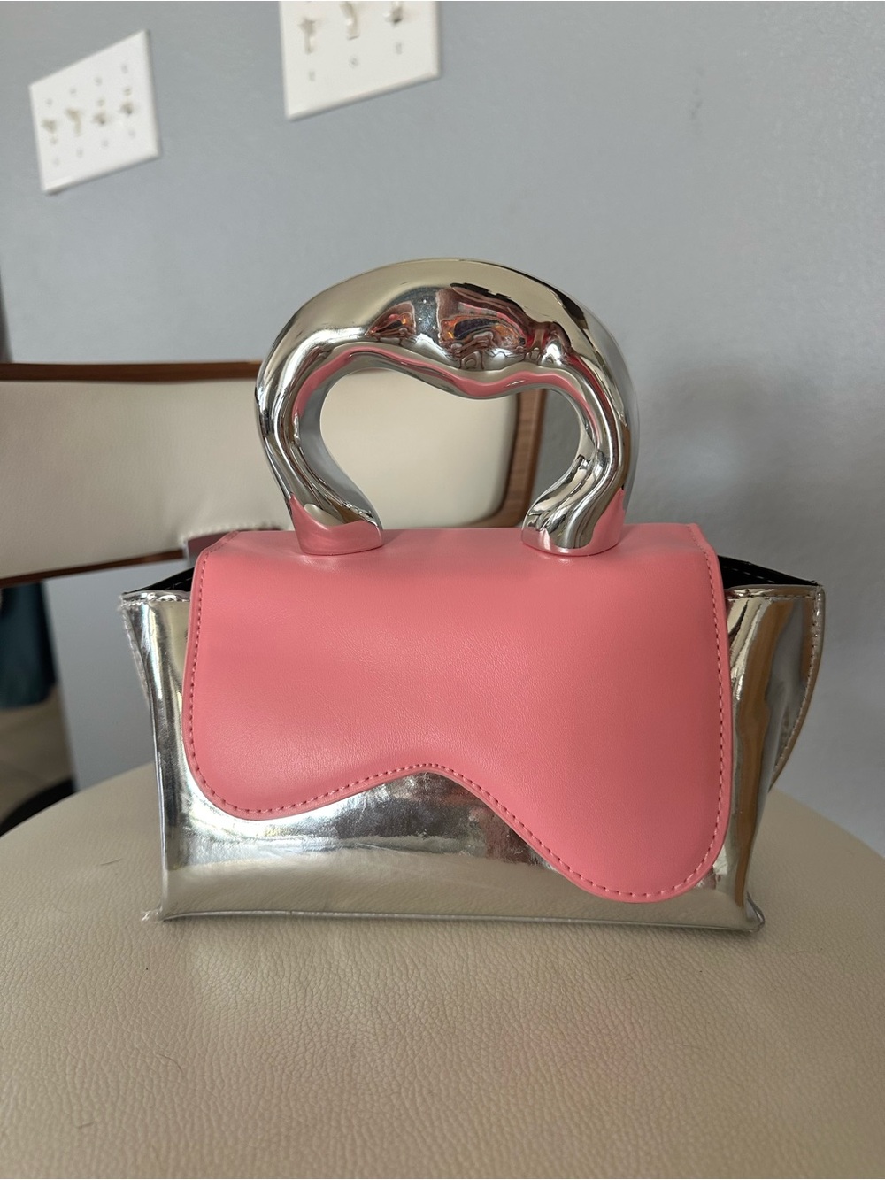 Pink and Silver Sculptural Handle Top-Handle Bag